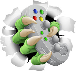 A video gamer game gaming controller claw of an eagle or animal monster hand holding games control sports illustration