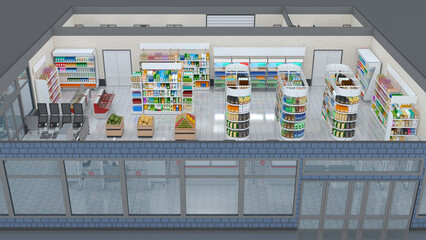 Sales area of the store, multi-colored packaging. 3d illustration