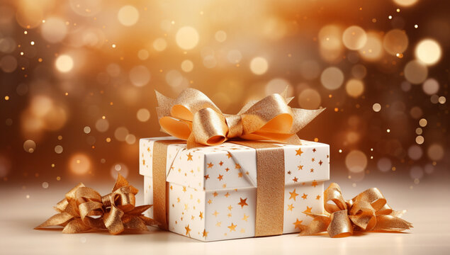 Vue de face de cadeau de No&euml;l, ambiance festive et hivernale. Couleurs beige, dor&eacute;. Espace vide de composition pour conception et cr&eacute;ation graphique.