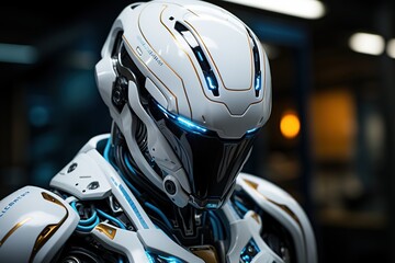 Innovative Design: A white robot with meticulously crafted blue and black details, embodying a sleek and modern approach to robotics