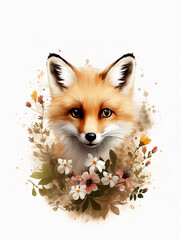 Fox cub on white background, boho style, watercolor style, Generative AI