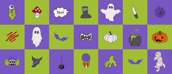 Groovy monster characters in y2k style. Cartoon spooky objects, pumpkin, candy, ghost, zombie, spider. Halloween cover set illustration for background, wallpaper, print, web banner. Vector