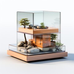 A glass display case with rocks and plants.