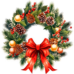 Green Christmas wreath with decorations bow, cones, balls and berries