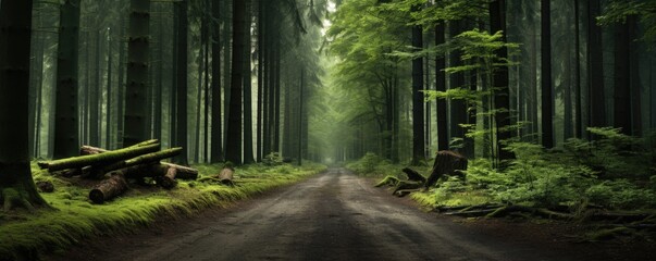 Mystical foggy morning after rain in a dense pine forest. Road in the mountain forest. - obrazy, fototapety, plakaty