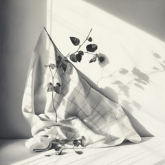 black and white abstract photo with a dry flower branch and fabric. composition