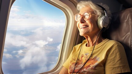 senior people's day concept. well-groomed woman on an airplane looks out the porthole window and...