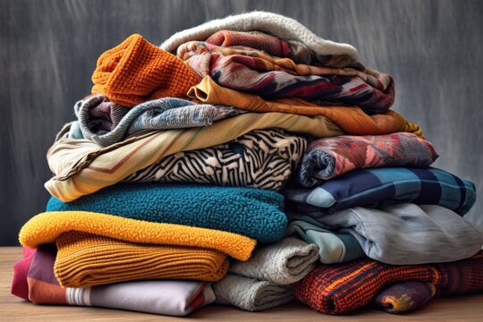 A pile of folded clothes sitting on top of a wooden table.
