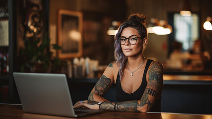Young woman with tattoos working on laptop in cafe. Girl with tattoo, designer freelancer student working on computer at table, AI generated model