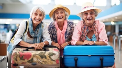 pensioner friends, elderly people are going on a vacation trip senior happy people's day concept