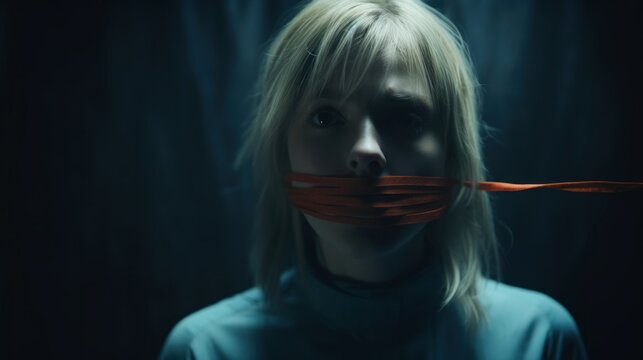 woman with her mouth gagged with tape. sacrifice concept