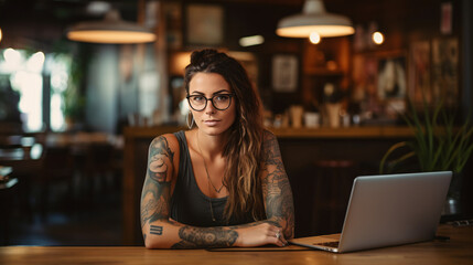Fototapeta na wymiar Young woman with tattoos working on laptop in cafe. Girl with tattoo, designer freelancer student working on computer at table, AI generated model