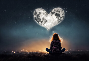 Fototapeta na wymiar Bambina sedua a contemplare la luna a forma di cuore