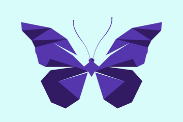 Low poly illustration of a colorful butterfly, geometric sequence art of polygonal insect, purple butterfly with wings, butterfly logo element isolated on light bluish background, trendy art.