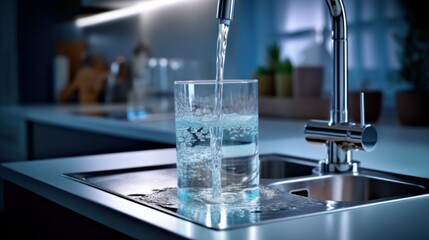 view from above water is pouring from the tap in the kitchen in the bathroom in glass problems of lack of clean water. vertical photo