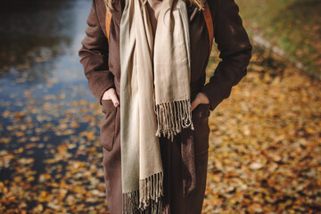 Woman wearing brown trench coat with cashmere scarf and standing at lake in autumn park. Trendy...