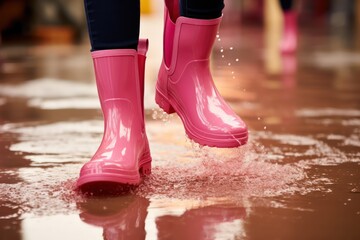 Girl in pink rain rubber boots walks through the puddles, close-up. Generative AI