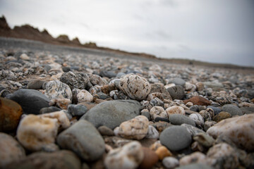 Rocks along Gwithian Beach on the coast of Cornwall, UK.