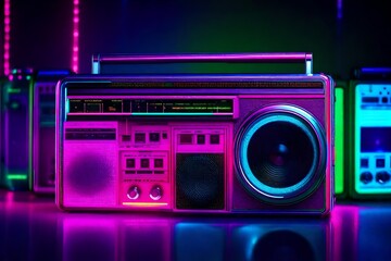 Fototapeta premium retro 80's bright glowing neon laser radio 