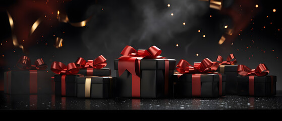 Elegantly arranged and wrapped gifts in dark paper with red ribbon bow. Dark background with fog. Black friday & Cyber Monday banner, advertising illustration.