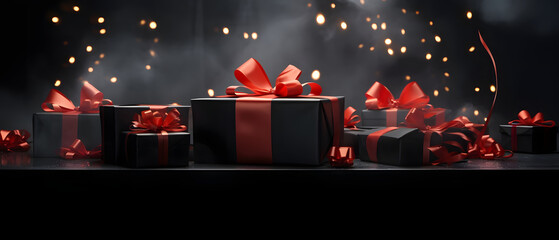 Elegantly arranged and wrapped gifts in dark paper with red ribbon bow. Dark background with fog....