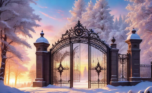 The gate is the entrance to the castle garden. Winter landscape. AI