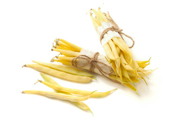 Two bunches and small pile of flat runner bean pods heap isolated on white background. .