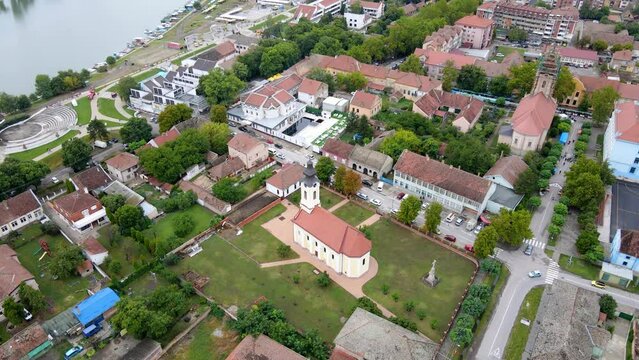 Serbian Orthodox church in Novi Becej viewed from the air