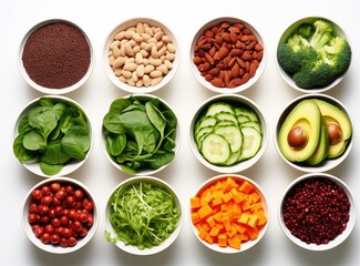 various healthy foods in bowls on a white background