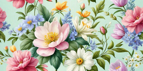 illustration, Wild spring and summer flowers on a pastel colors background. ai generative - obrazy, fototapety, plakaty