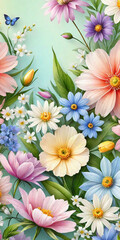 illustration, Wild spring and summer flowers on a pastel colors background. ai generative