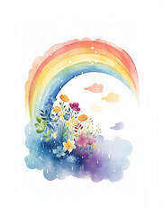 Watercolor rainbow and flowers, kids art, nursery decor, Generative AI