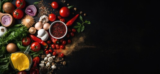 Kitchen cooking background: cherry tomatoes, onions, spices and herbs. On a black background. - obrazy, fototapety, plakaty