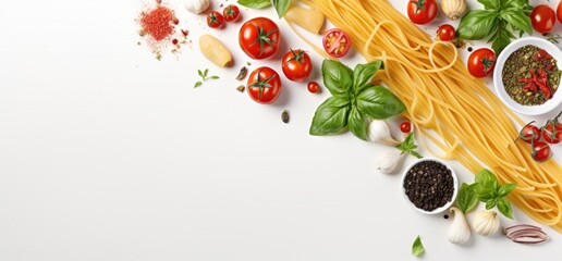 top view italian pasta ingredients on white table - obrazy, fototapety, plakaty