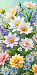 illustration, Wild spring and summer flowers on a pastel colors background. ai generative