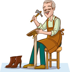 Cobbler old man with hammer in hand. Vector illustration of a cartoon character. - obrazy, fototapety, plakaty