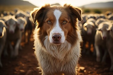 Trusty herder: A devoted farm dog takes charge, skillfully managing a flock of sheep in the open fields