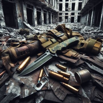 soldier knife  in the middle of a destroyed building