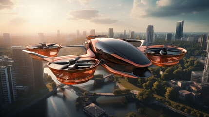 Autonomous driverless aerial vehicle fly across city - obrazy, fototapety, plakaty