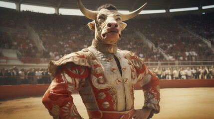 Anthropomorphic bull dressed as a matador standing in a bullring.