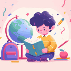 Flat colorful illustration of a kid reading book, getting knowledge, books reading, education concept flat illustration, Kid reading book, International Day of Education conccept