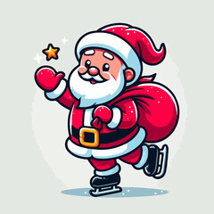 Cute hand drawn cartoon santa claus logo, vector illustration of santa claus with sack of gifts skiing on the floor, Cute Santa Skiing Logo