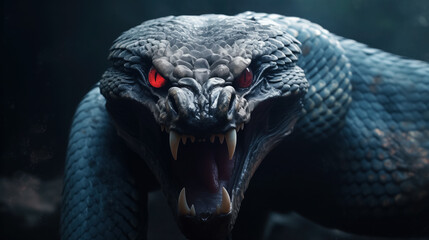 Intimidating snake with red eyes hissing, a display of menacing wildness. - obrazy, fototapety, plakaty