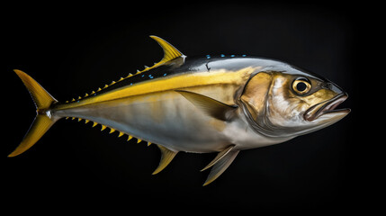 Stunning yellowfin tuna isolated against a dark background.