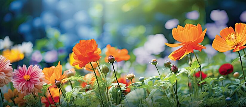 In the vibrant garden amidst the sea of green orange and red flowers bloom bringing forth the wonders of spring and the beauty of nature