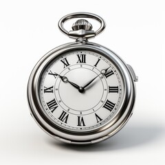 A silver pocket watch with roman numerals on the face.