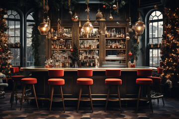 Fototapeta na wymiar Cozy retro bar decorated for Christmas