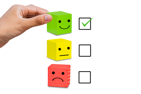 Emotion face symbol on Green, yellow and red wooden blocks, Consumers Show Satisfaction Rating concept by evaluating business success. Services and products and Customer Engagement, Quality Assessment