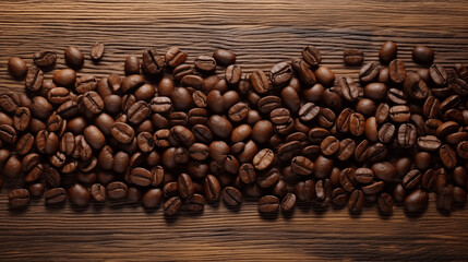 Scattered coffee beans on old wooden table top. Coffee background.