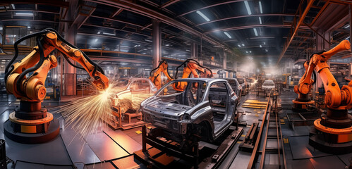 modern manufacturing, featuring a group of industrial robotic arms in mid-operation.